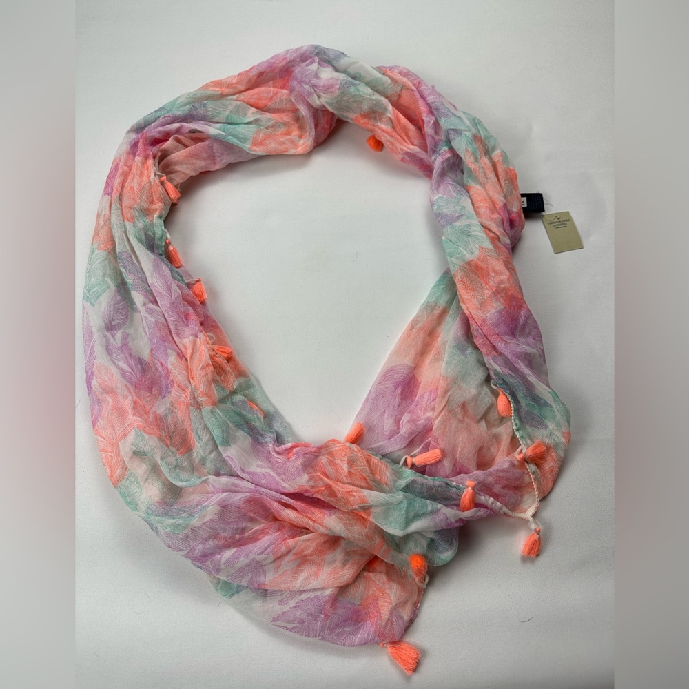 NWT American eagle infinity scarf. Feather print and neon orange tassels.